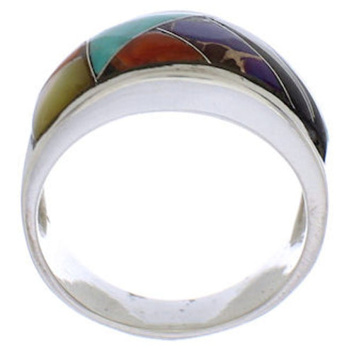 Southwestern Multicolor Inlay Silver Ring Size 6-3/4 EX50964